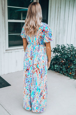 Print Wrap V Neck Short Sleeve Maxi