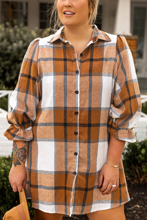 Khaki Plus Size Plaid Flounce Sleeve Button up