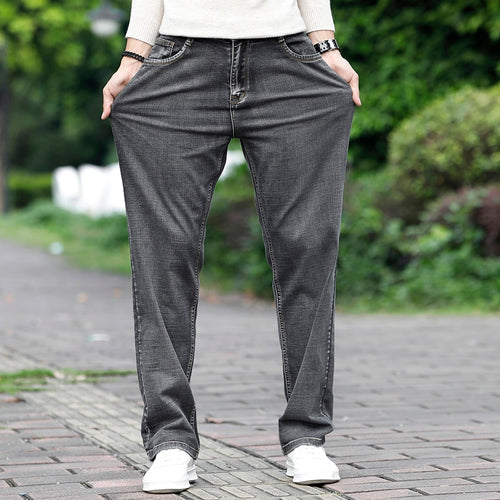 Merk Heren Grijze Casual Jeans Business Stretch Rechte Denim Broek Broek Mannelijke Plus Size