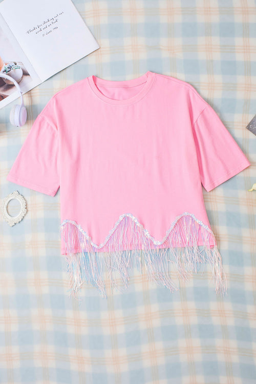 Pink Casual Fringe Sequin Hem Cropped