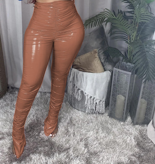 Women Casual Ruched Pile Pants Slit plus Velvet Light Faux Leather Casual