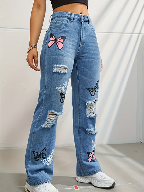 High Waisted Straight Leg Trendy Butterfly Print Ripped