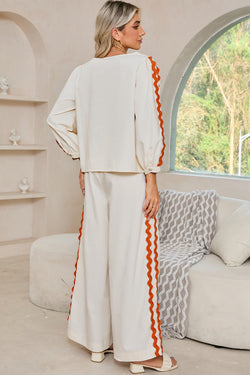 White Ric Rac Trim Long Sleeve Top and Wide Leg Pants Set