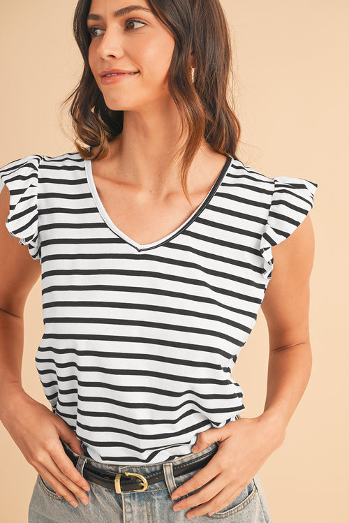 White Stripe V Neck Knotted Backless Ruffle