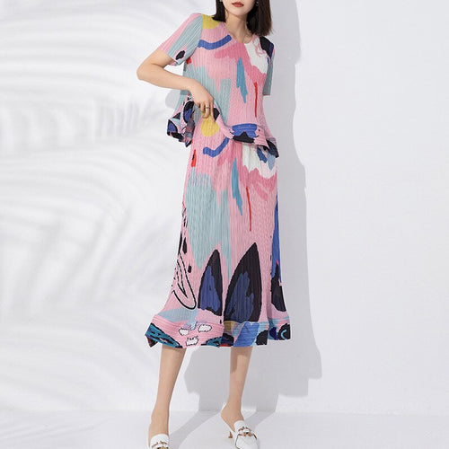 Summer New Fashion Casual Set of Women Pleated Print Bud Pullover Top + Medium-length Half Skirt Two-piece Set