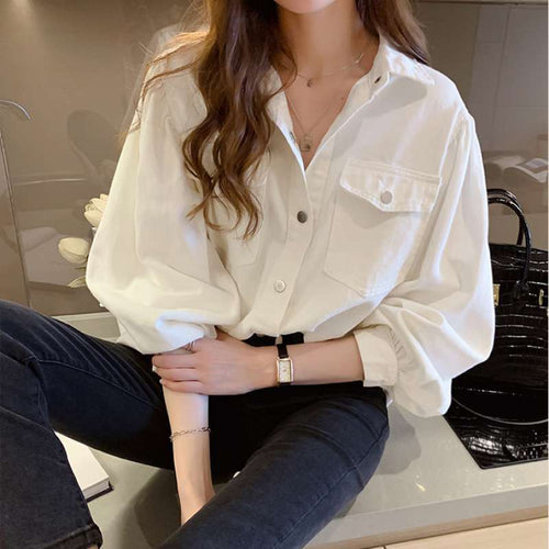 Blouses Shirts Dames Lente Zakken Lange mouw Mode Effen Koreaans