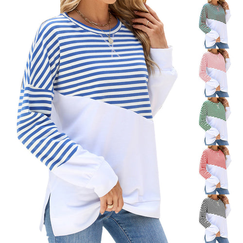 Striped Printed Long Sleeve Round Neck Pullover Split