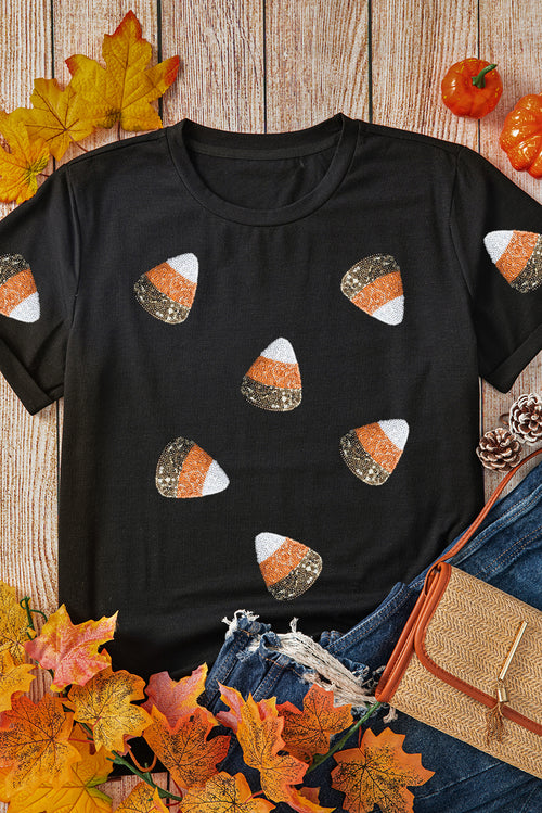 Black Funny Sequin Candy Corn Graphic Tee