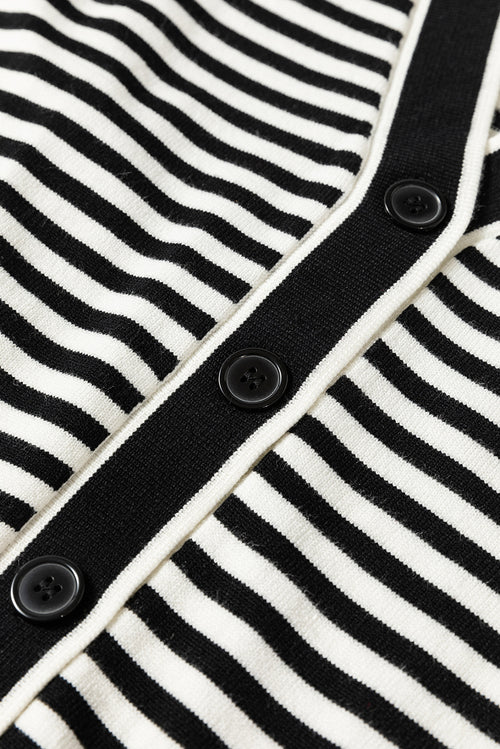 Black Striped Pocketed Button Long Cardigan