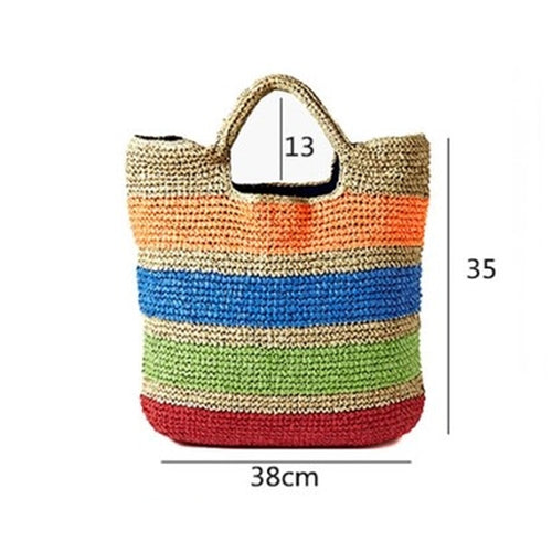 Gehaakte zomerstrandtassen Kleurrijke strozak met kwastjes Vrouwen reizen handgemaakte handtassen meisje draagtas