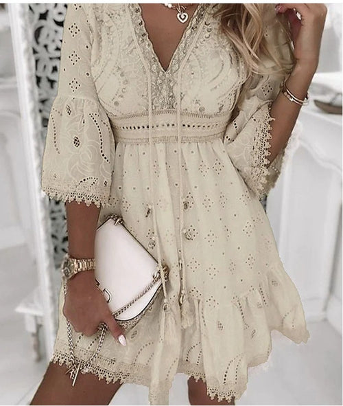 Women's New V-Neck White Hollowed Out Tassel Embroidered Dress