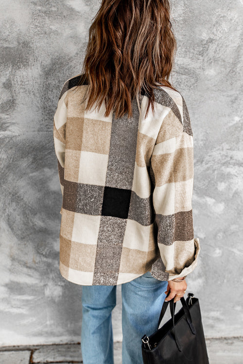 Grey Plaid Color Block Pockets Buttoned