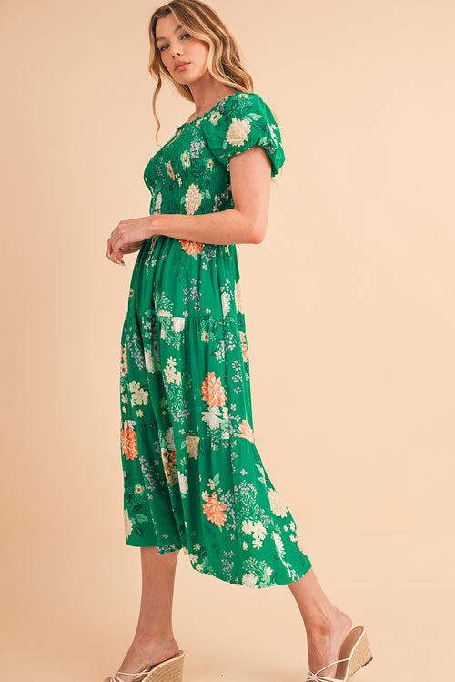 Green Floral Print Bubble Sleeve Smocked Tiered Midi Dress