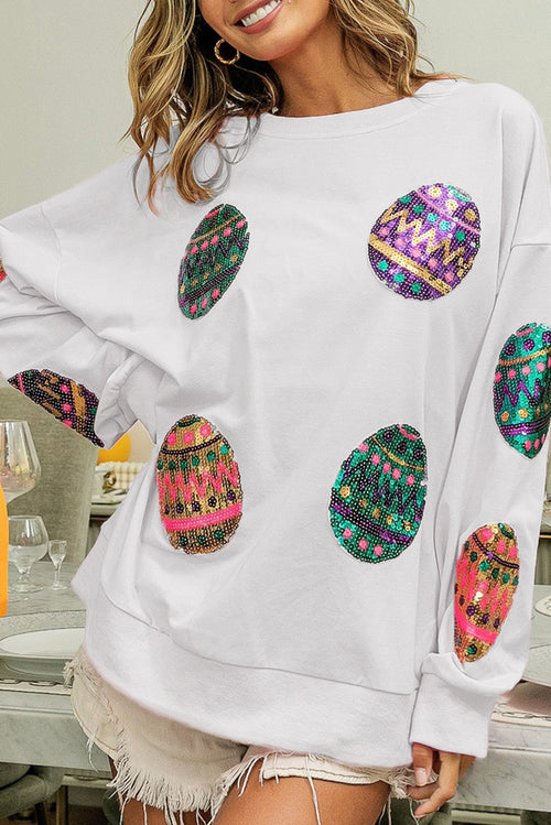 Pink Easter Sequin Egg Print Drop Shoulder Oversized Sweatshirt