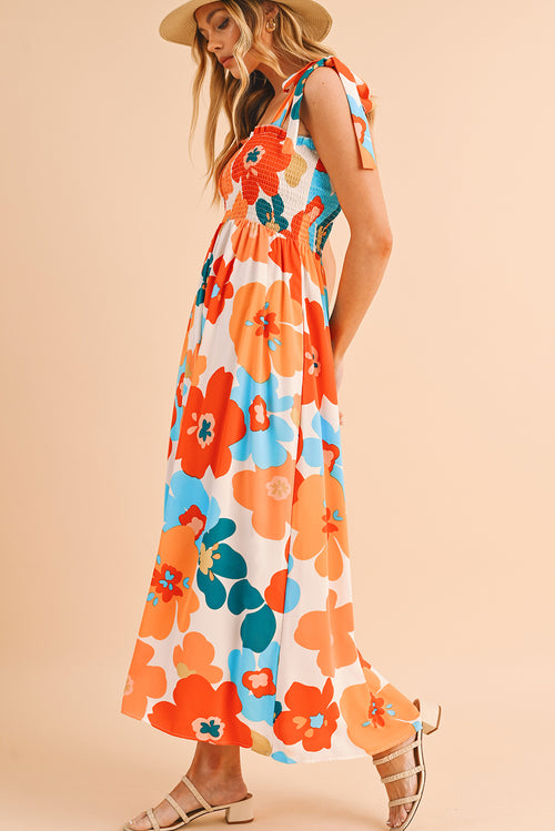 Orange 60s Floral Printed Shoulder Tie Smocked Maxi Dress