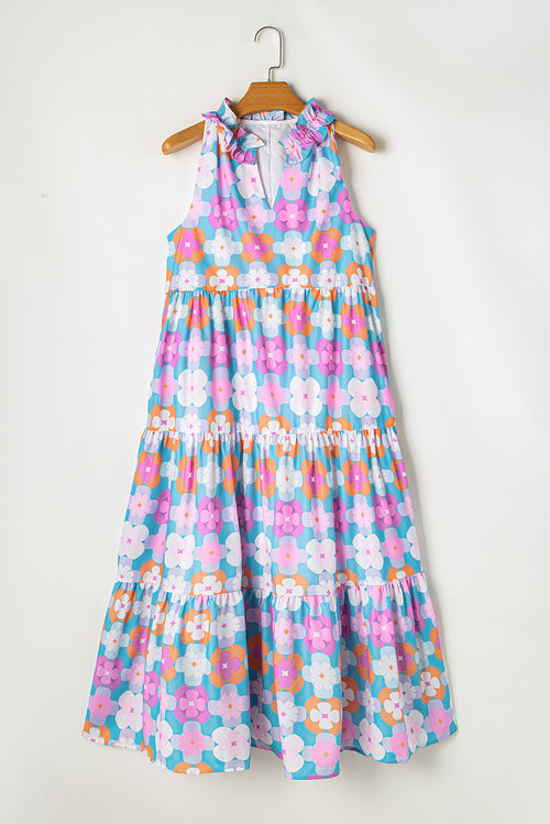 Pink Abstract Print Frill Split Neck Tiered Maxi Dress