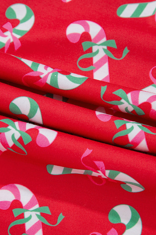 Candy Cane Print Pocketed Knotted Pajama Set