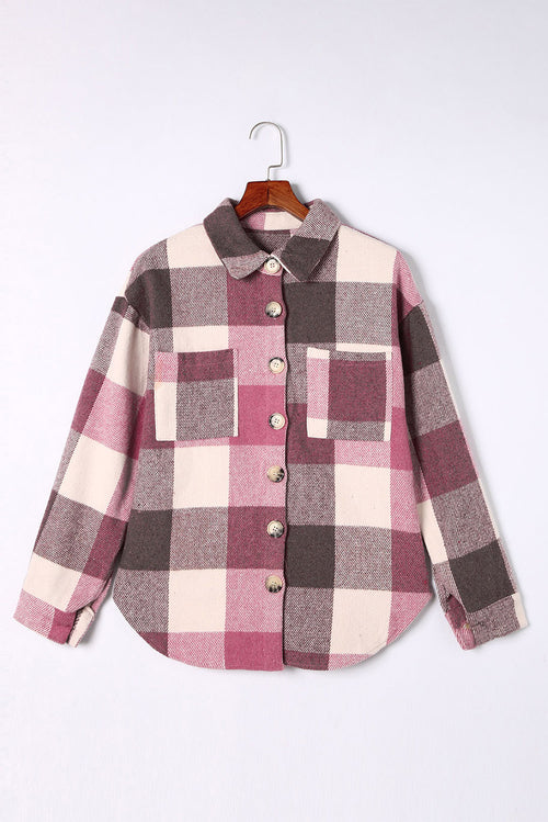 Grey Plaid Color Block Pockets Buttoned