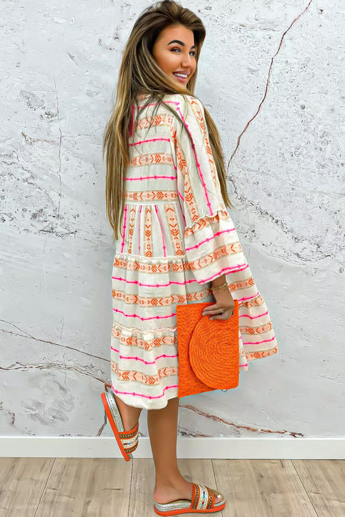 Orange Bohemian Printed Bracelet Sleeve Slit Neck Ruffled Loose