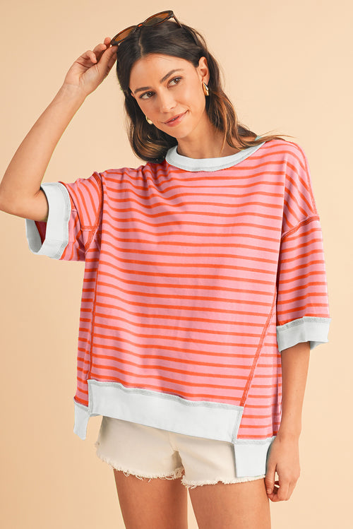 Sky Blue Stripe Contrast Drop Sleeve Loose