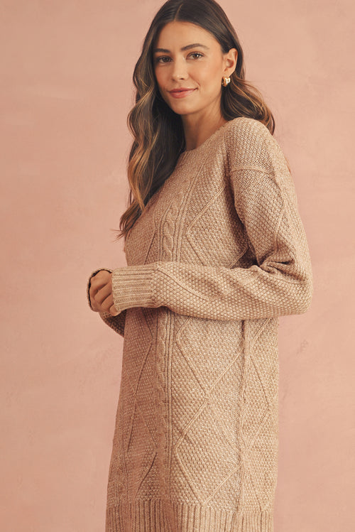 Parchment Twist Cable Knit Drop Shoulder Loose Fit Sweater Dress