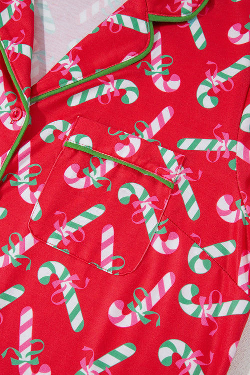 Candy Cane Print Pocketed Knotted Pajama Set