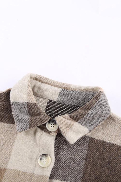 Grey Plaid Color Block Pockets Buttoned