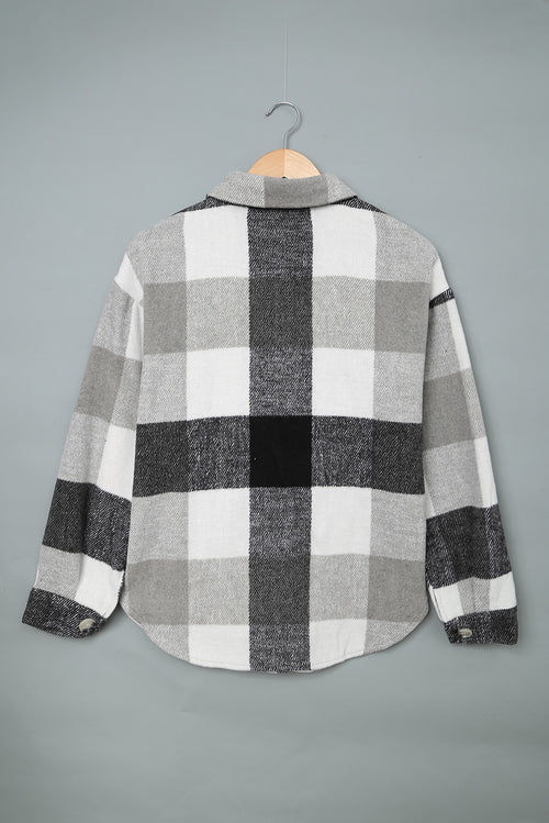 Grey Plaid Color Block Pockets Buttoned