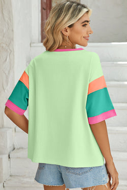 Green Color Block Sleeve Round Neck Oversize