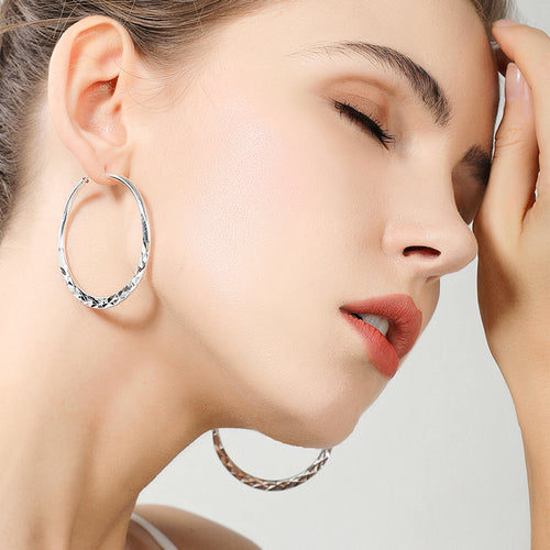 Style 925 Sterling Silver 50mm Round Side Big Hoop Earrings For Woman Charm Wedding Jewelry Earrings Gift