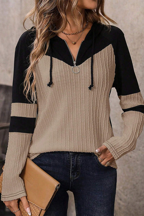 Parchment Textured Patchwork Long Sleeve Hooded Top