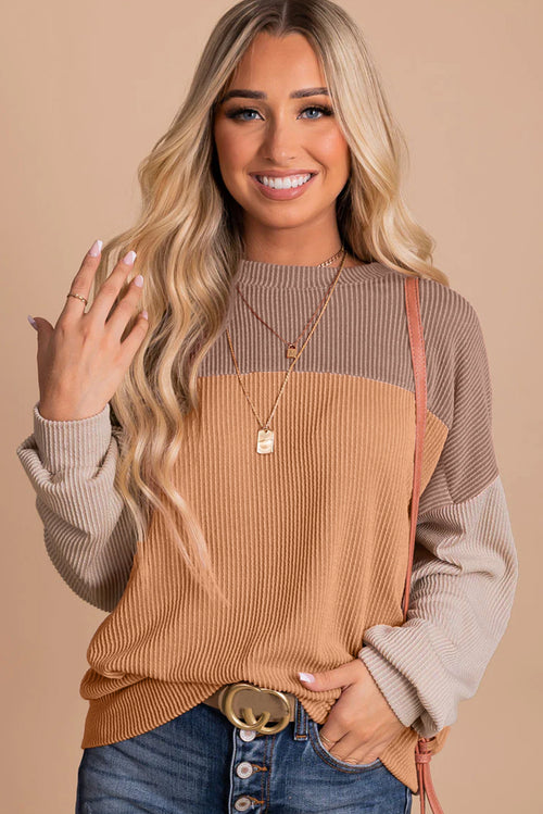 Khaki Color Block Long Sleeve Ribbed Loose