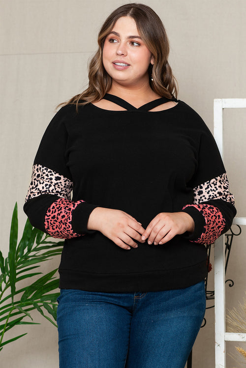 Black Plus Size Leopard Patchwork Strappy Neck Top