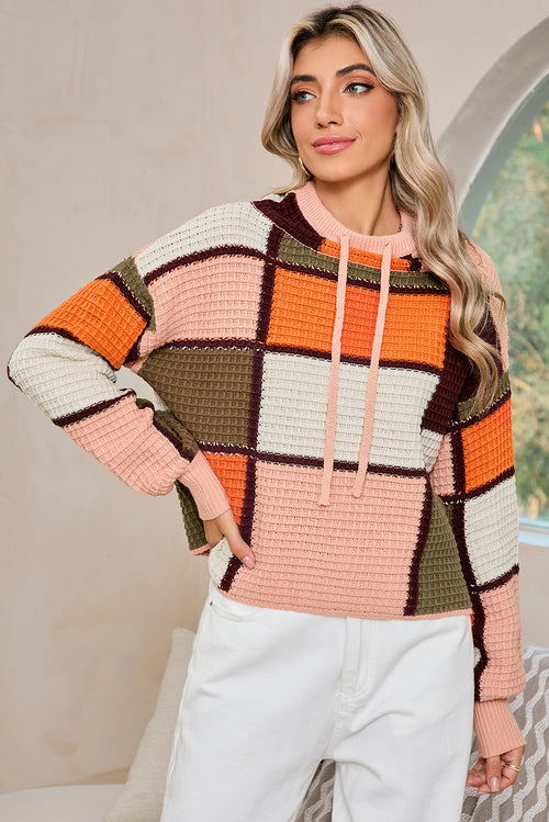 Orange Color Block Waffle Knit Drawstring Mock Neck Sweater