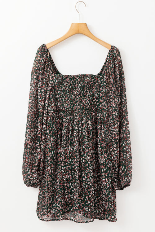 Green Floral Print Sweetheart Neck Shirred Back Mini