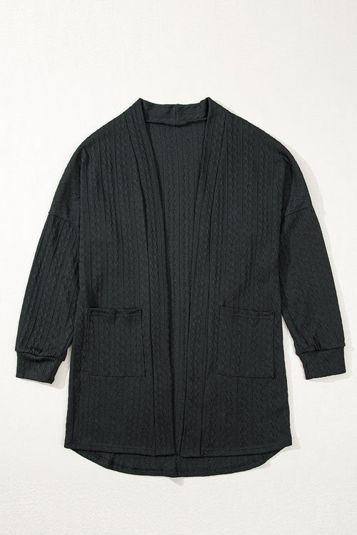 Black Textured Knit Side Pockets Open Front Cardigan