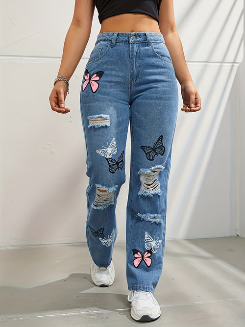 High Waisted Straight Leg Trendy Butterfly Print Ripped