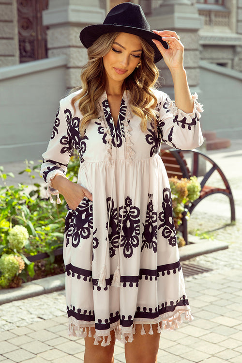 Beige Western Pattern Print Tasseled Notch V Neck Mini