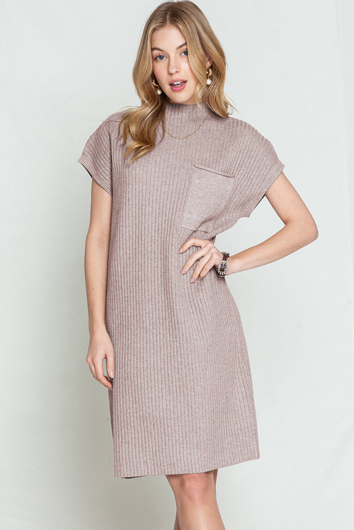 Blackish Green Patch Pocket Knit Short Sleeve Sweater Dress