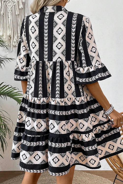 Black Geometric Print V Neck Ruffled