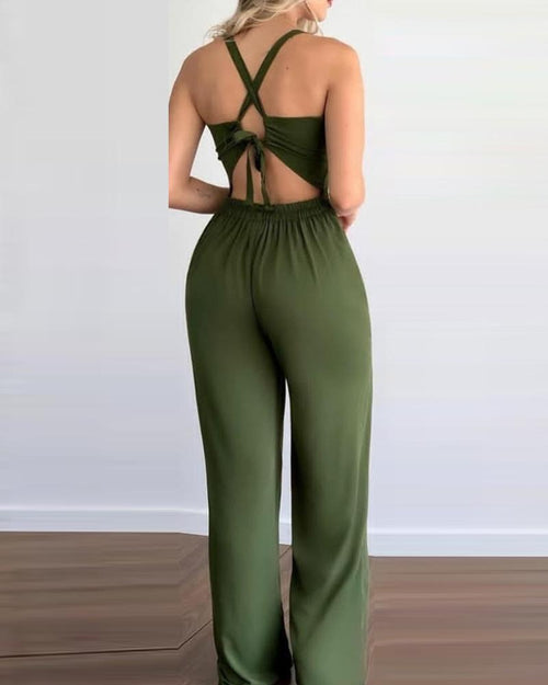 European and American womens hollowed out suspender slim fitting jumpsuit