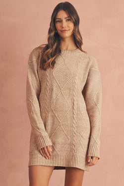 Parchment Twist Cable Knit Drop Shoulder Loose Fit Sweater Dress