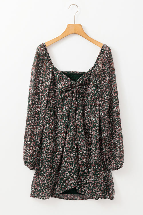 Green Floral Print Sweetheart Neck Shirred Back Mini