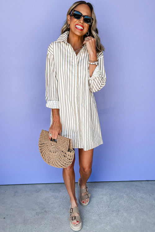 Khaki Stripe Long Sleeve Button Up Mini