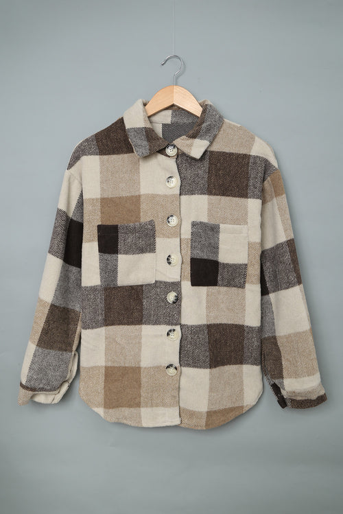 Grey Plaid Color Block Pockets Buttoned