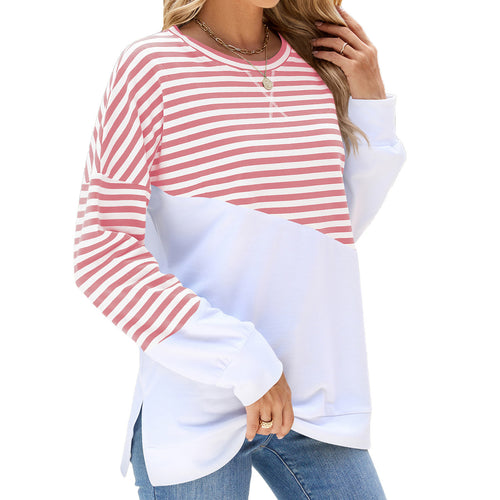 Striped Printed Long Sleeve Round Neck Pullover Split