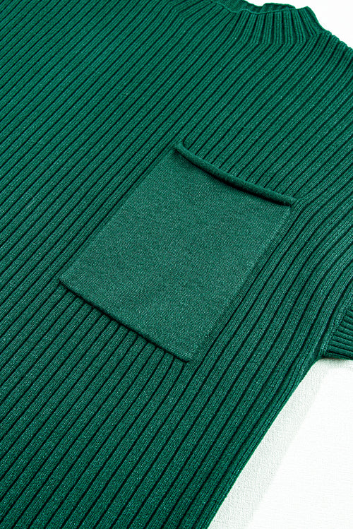 Blackish Green Patch Pocket Knit Short Sleeve Sweater Dress