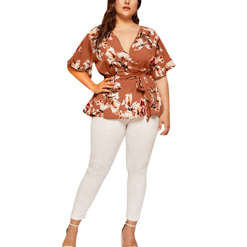 Summer Plus Size Blouse Print Waist Shirts V-Neck Loose Tops Short-sleeve Blouse Women Elegant Clothes Blusas Mujer