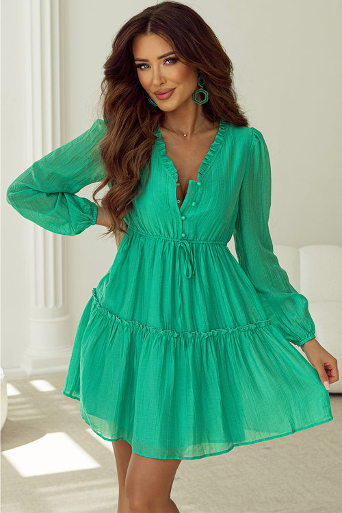 Sea Green Frilly V Neck Puff Sleeve Drawstring Shift Mini