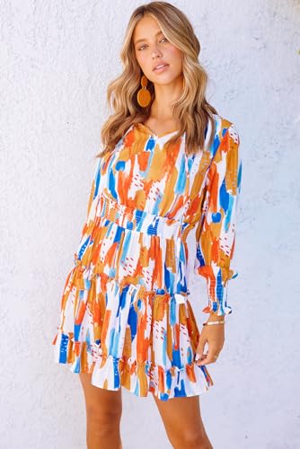 Floral Drawstring V Neck Smocked Long Sleeve Ruffle Tiered Chiffon